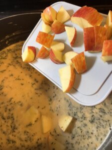 Crusty Golden Bread-Bowls with a Brie and Cheddar Apple Beer Soup Served with a Silky Smooth Pumpkin Spiced Dessert Purée