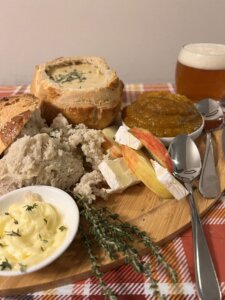 Crusty Golden Bread-Bowls with a Brie and Cheddar Apple Beer Soup Served with a Silky Smooth Pumpkin Spiced Dessert Purée