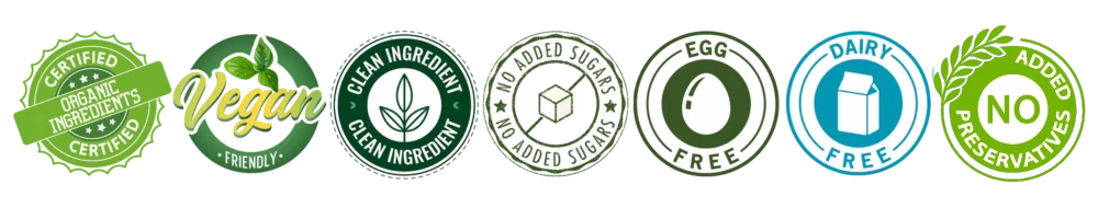 These are ingredient and quality icons that show Certified Organic Ingredients, Vegan Friendly, Clean Ingredients, No Added Sugars, No Egg, No Dairy, No Preservatives