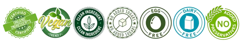 This image shows seals for identifying Bucket of Bread products as Certified Organic Ingredients, Vegan Friendly, Clean Ingredients, No Added Sugars, No Egg, No Dairy, and No Preservatives.