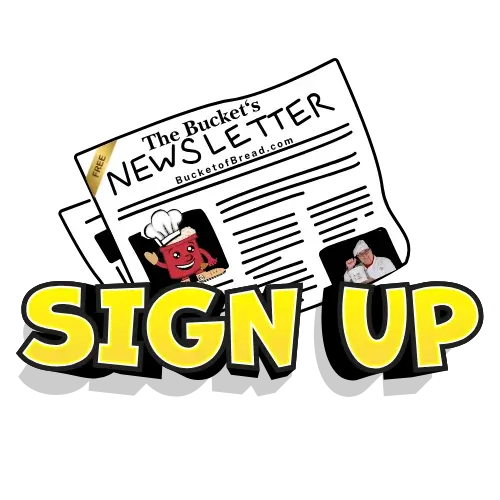 This is a cartoon image of a newspaper for the the Bucket of Bread Newsletter that's more than just Baking Kits! It says underneath it, Sign Up