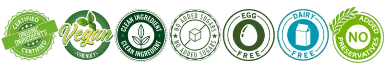 These are ingredient and quality icons that show Bucket of Bread baking kits contain Certified Organic Ingredients, Vegan Friendly, Clean Ingredients, No Added Sugars, No Egg, No Dairy, No Preservatives