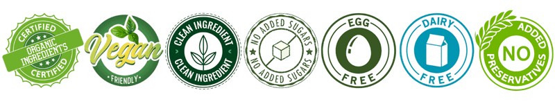 These are ingredient and quality icons that show Bucket of Bread baking kits contain Certified Organic Ingredients, Vegan Friendly, Clean Ingredients, No Added Sugars, No Egg, No Dairy, No Preservatives