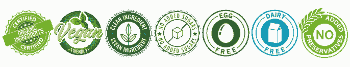 Quality Icons for Certified Organic Ingredients, Vegan Friendly, Clean Ingredients, No Added Sugars, No Egg, No Dairy, No Preservatives.