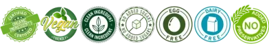 ingredient-quality-icons.webp These are ingredient and quality icons that show Bucket of Bread contain Certified Organic Ingredients, Vegan Friendly, Clean Ingredients, No Added Sugars, No Egg, No Dairy, No Preservatives